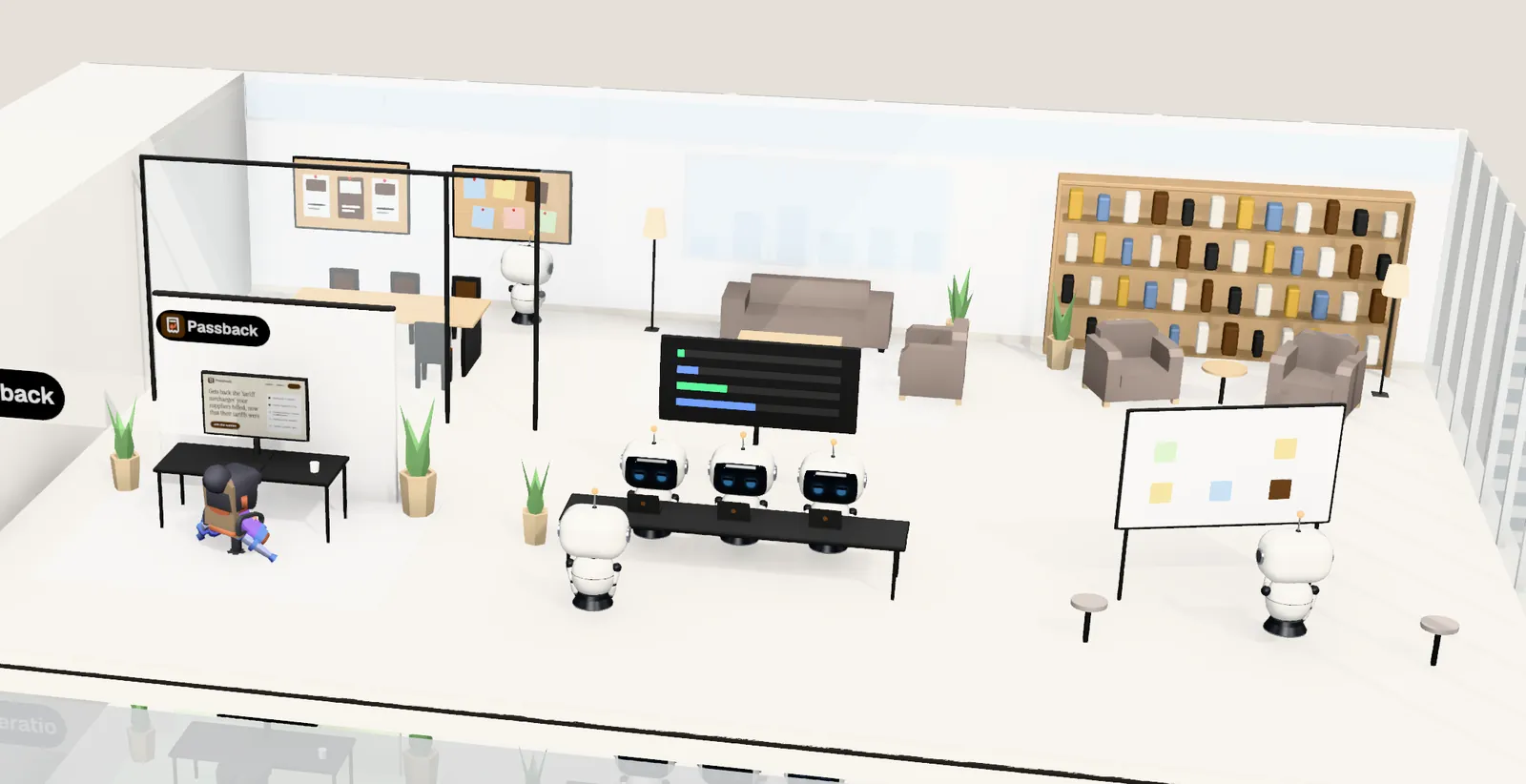 Passback’s office on floor 20 of Tower 2: the owner’s desk with the website on screen, the agents’ bench, a meeting room and a library